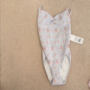 LoveShackFancy Light Blue One-Piece with Pink Floral Print